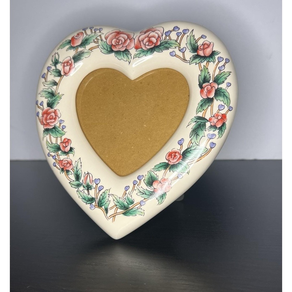Vintage Ceramic Interpur Floral Heart Shaped Picture Frame Hand Painted